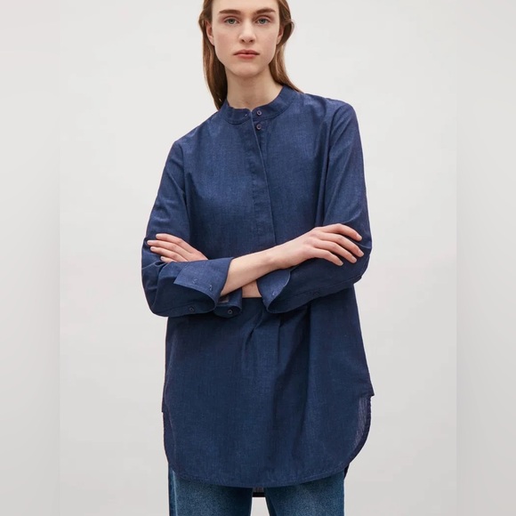 COS Blue Long Sleeve Grandad Collar Shirt Size 6 - Picture 1 of 8